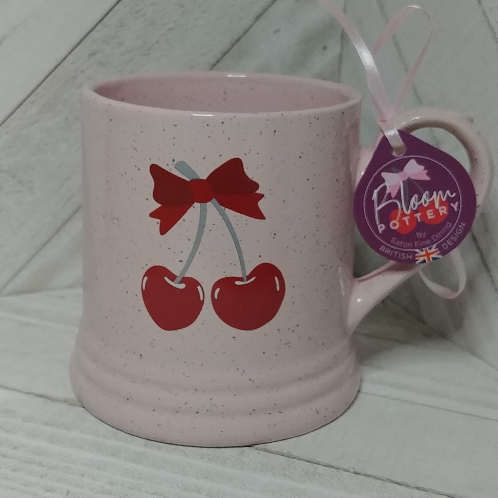 NWT Bloom Pottery Pink with Red Cherry Hearts and Bow Valentine's Day Mug